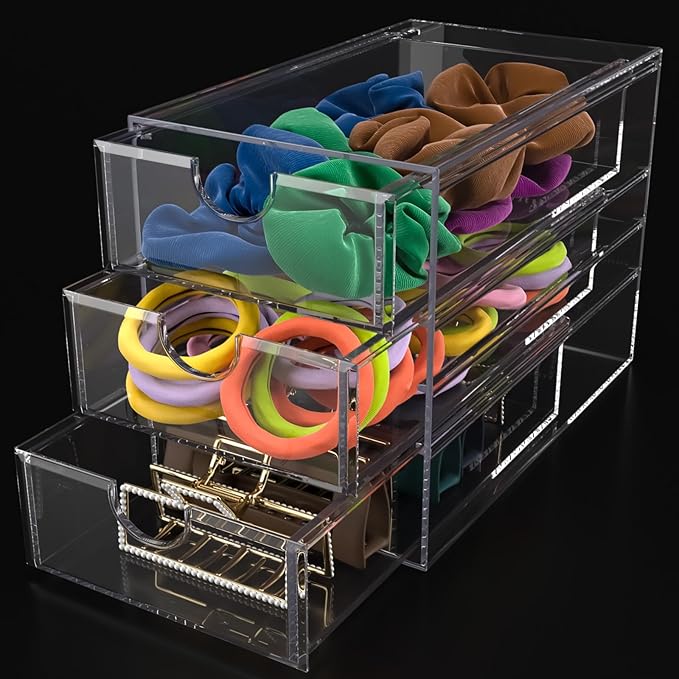 Noverlife 3 Drawers Hair Accessories Organizer, Clear Acrylic Hair Ties Desktop Craft Drawer Cabinet, Hair Claws Desk Organizer Storage Containers Box with Pull-Out Drawer for Bathroom Closet Office