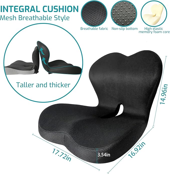Memory Foam Seat Cushion,Office Chair Cushion with Lumbar Support for Back Pressure Relief,Sciatica,Non Slip Car Seat Cushion with Strap,Pad Orthopedic Cushions for Car,Truck,Desk (D-Black+Mesh Cloth)