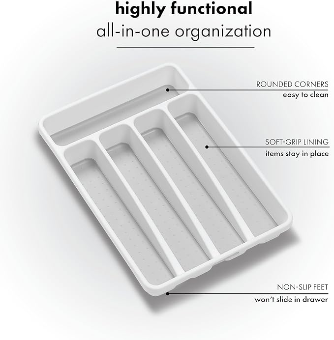 madesmart Classic 5 Compartment Compact Silverware Tray, White