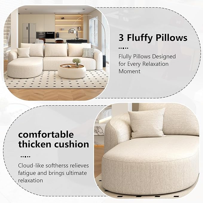 111" Modular Sectional Couches Luxury Modern Curved Back Sofa,Minimalist Comfy L-Shape Boneless Cloud Couch for Living Room Apartment,(Left Facing Chaise,White)