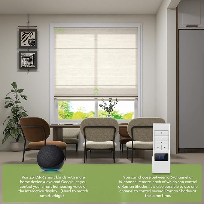 ZSTARR Smart Roman Shades Rechargeable Motorized Blinds with Remote Light Filtering Roman Window Shades Plain Fold Soft for Doors Bedroom, Custom Size (Sheer Beige)