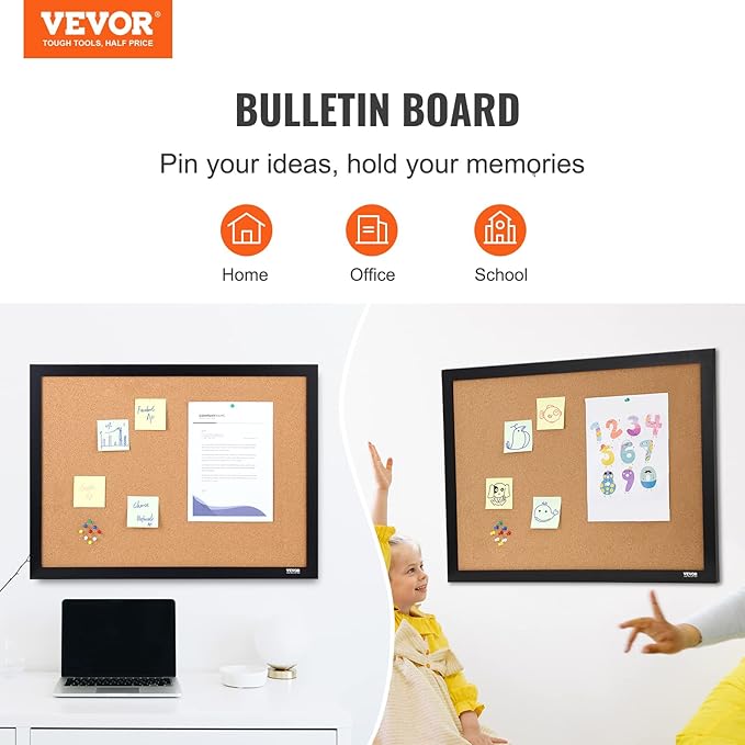VEVOR Cork Board for Office, 36'' x 24'' Bulletin Board for Wall, Push Pin Board with Framed for Office Home and School