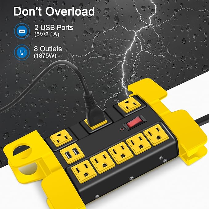 Heavy Duty Power Strip with USB, Workshop 8 Outlet Surge Protector 2700 Joules, Industrial Metal 15Amp Power Strip, 15 FT Extension Cord and Wide Spaced Black.