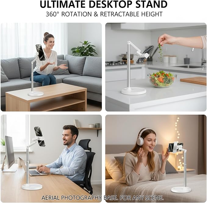 Adjustable Cell Phone Stand360° Rotating Lifting Mobile Phone Holder | for DeskVideo Recording HomeOffice Compatible with All iPhone for Galaxy