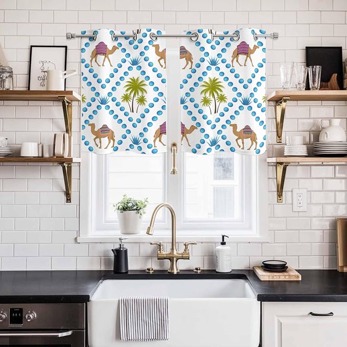 2 Panel Kitchen Cafe Curtains, Camels Palm Trees Sunlight Filtering Nature Air