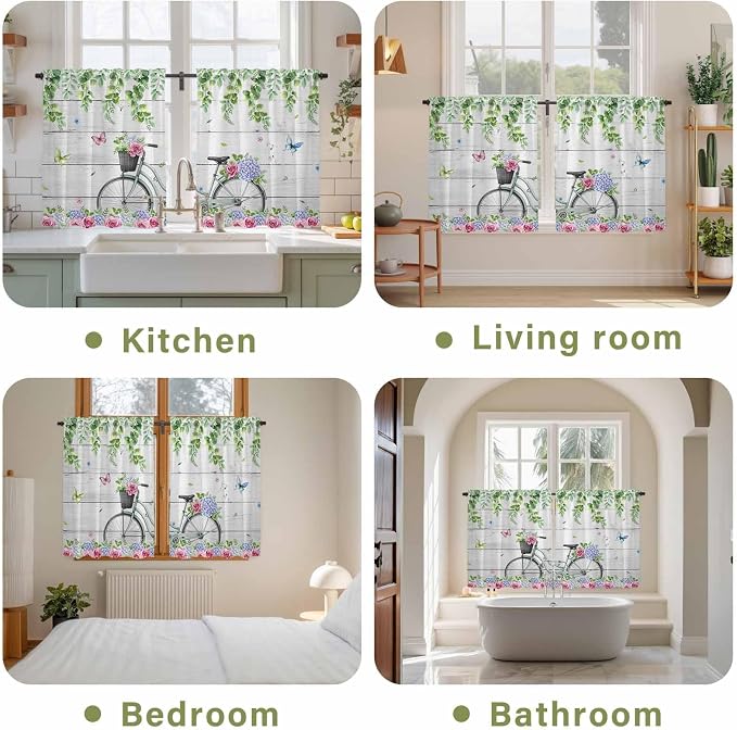 Spring Kitchen Curtains, Bicycles Botanical Rose Leaves Butterfly Wood Grain