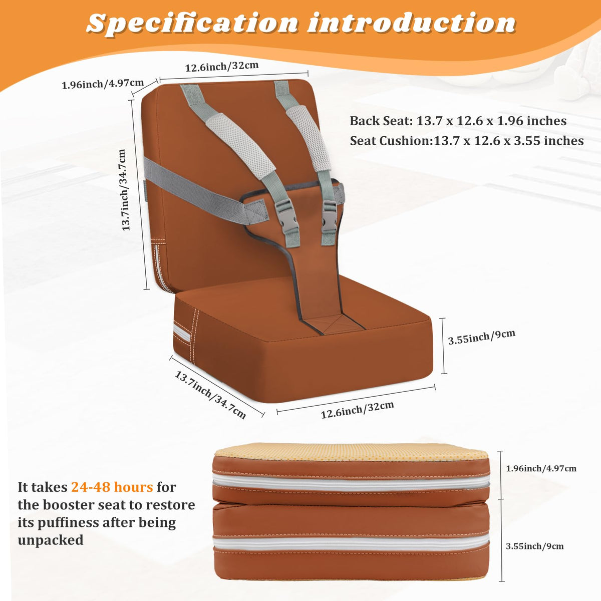 Toddler Booster Seat for Kitchen Chair & Dining Table – Waterproof PU Foam Cushion with Backrest & Safety Straps – Foldable, Lightweight Design for Kids Ages 2-6 – Easy to Clean