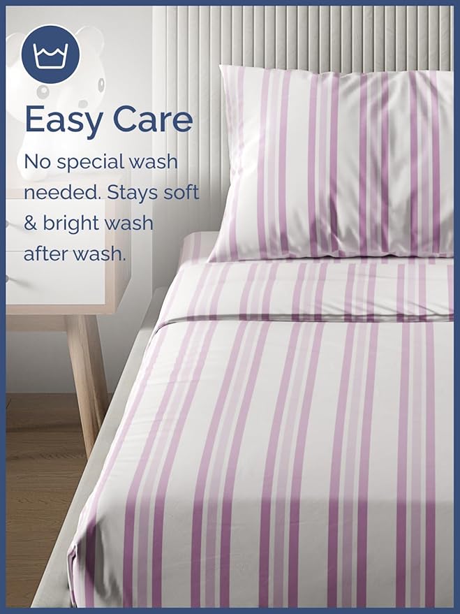 Kids Pink Stripes Queen 4 Piece Sheet Set - Boys, Girls, Teens, Toddler - Easy Fit, Deep Pockets - Breathable, Hotel Quality Sheets - Machine Washable - Wrinkle Free - Cute, Cozy & Soft - CGK Linens