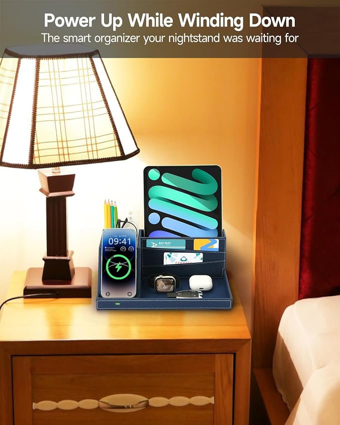 Fast Wireless Charging Station with Desk Organizer for iPhone 17/16/15/15 Pro/14/14 Pro Max/14 Pro/14 Plus/13/13 Pro Max/13 Pro/and iPhone 12/11 Series Nightstand Desktop Organizer for Home Office