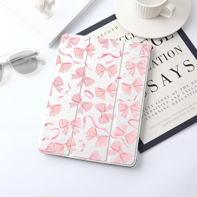 JOYLAND Pink Bow Compatible with iPad 6th/5th Generation (2018 2017 Model 9.7 Inch)iPad Air 2/Air 1 (9.7 Inch) with Pencil Holder-Trifold Stand Protective Cover with Soft TPU BackBlack