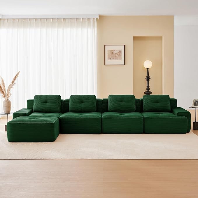 150" Modern Corduroy Cloud Sofa with Ottoman, L Shaped Boneless Modular Large Sectional Couches for Living Room, Green 4 Seater Compressed Memory Foam Couch, Extra Deep Seat, No Assembly