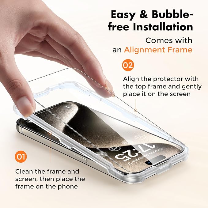 UNBREAKcable 4-Pack iPhone 15 Screen Protector 9H Hardness | 9H tempered glass | 99.99% HD clarity | Double Shatterproof|alignment frame easy install | case-friendly