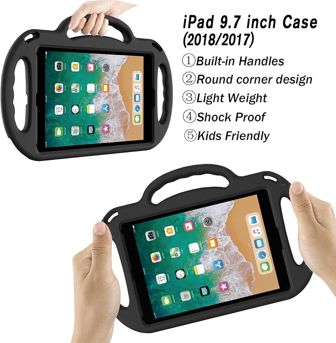 LTROP Kids Case for iPad 5th/6th Generation (2017/2018) &amp Air 2 Shoulder Strap Handle Stand Shockproof Bumper Cute Kid Case for iPad 9.7 Inch Black
