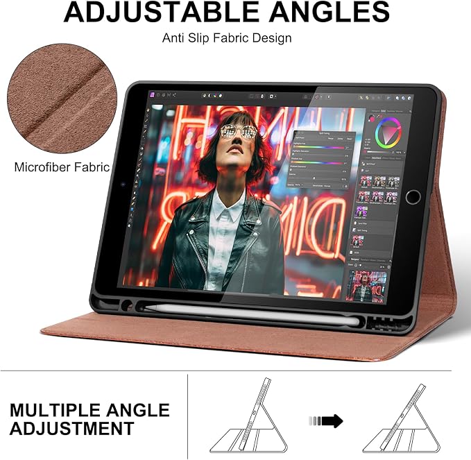 Leather Case for iPad 10.2 Inch9th/8th/7th Gen 2021/2020/2019 | Genuine Top Grain LeatherSmart Folio Pencil HolderAuto Sleep/WakeProtective ShockproofAdjustable StandSilver Black