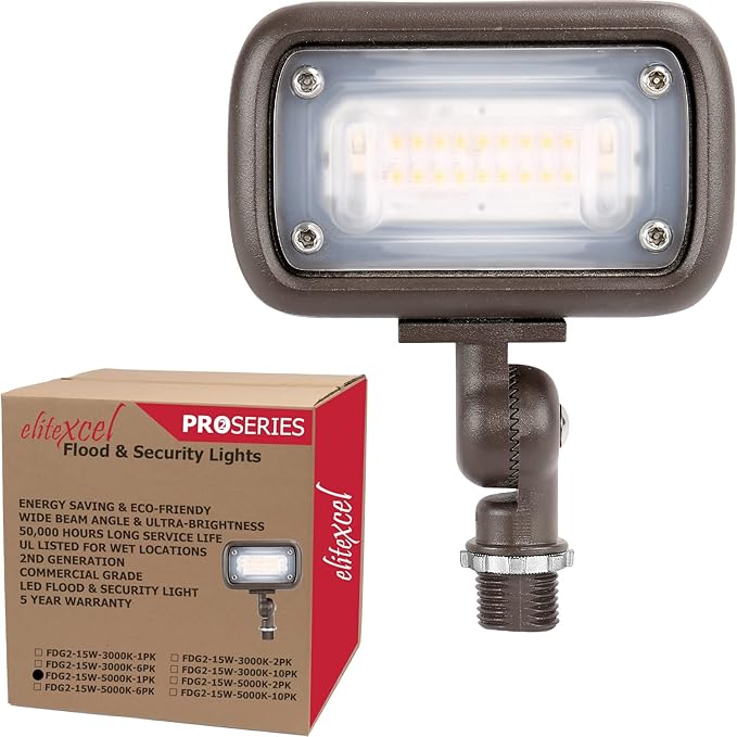 Flood Lights Outdoor, Gen2 15W Landscape Lighting, 50W MH Replace with 1500 Lumen 5000K Daylight Spotlight, 120-277V Garage Yard Patio Tree Security Light, UL-Listed, 5 Years Warranty