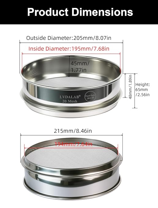 All 304 Stainless Steel 20 Mesh Test Sieve, 8 Inch/20cm Diameter, Lab Sifter &