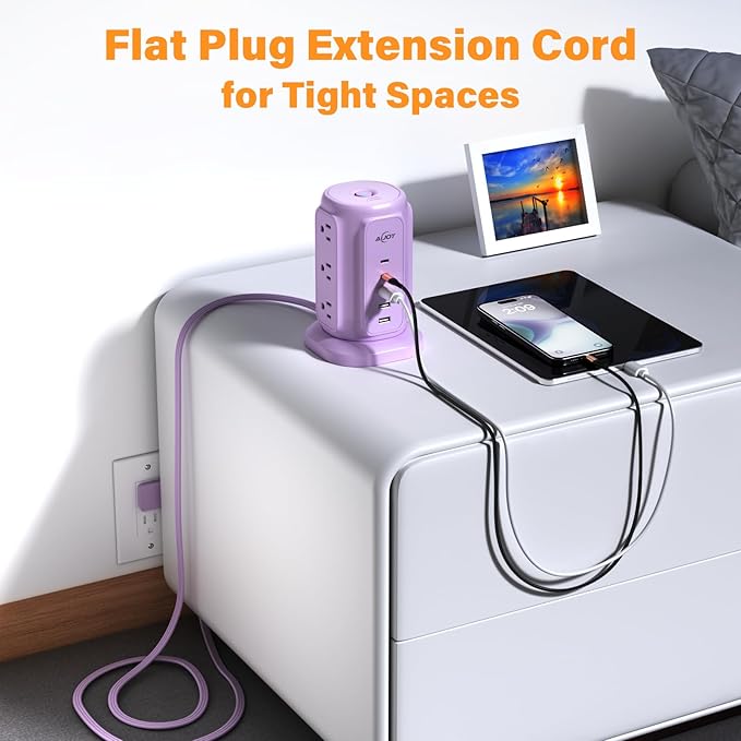 AiJoy Power Strip Tower with 9 Outlets and 5 USB Ports (2 USB C), 1200J Surge Protection, 1625W 6.5ft Flat Plug Extension Cord with Multiple Outlets Extender for Dorm Home Office Supplies, Purple