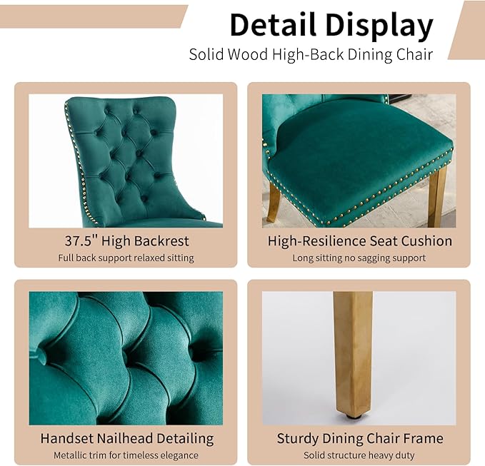 Luxury Upholstered Dining Chairs Set of 4, Green Kitchen Chair with Golden Metal Legs, Velvet Tufted Back Dining Chair, Sillas de Comedor, Modern Kitchen & Dining Room Chairs (Green, 4 Pcs)