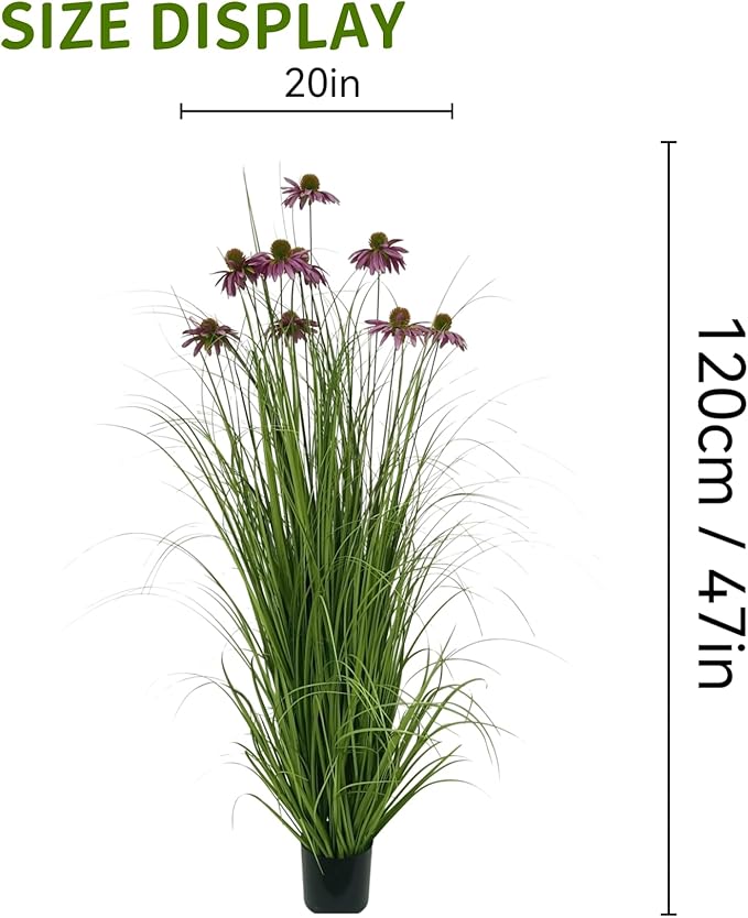 46" UV Resistant Artificial Grass Plant with 9 Realistic Purple Echinacea Flowers - Indoor/Outdoor Fake Plants for Patio, Living Room, Porch Decor - All Weather Faux Floor Plant 2-Pack