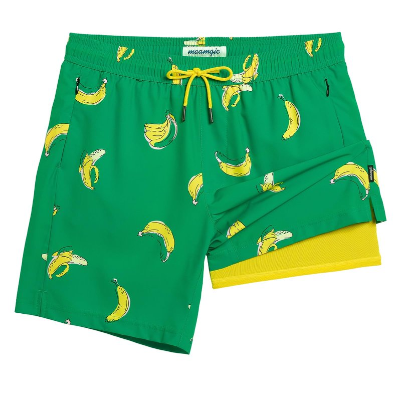 maamgic 2 in 1 Mens Swim Trunks 7 Inch Swim Shorts Swim Suits Board Shorts Falling Banana-Green Medium