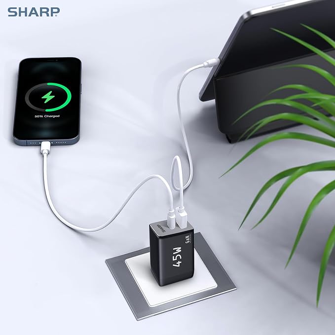 Sharp USB C Charger 45W 2 Port (USB A+C) Compact Foldable GaN Fast Charge for iPhone 15/15 Plus/15 Pro/15 Pro Max/14 Galaxy Pixel 4/3 iPad/iPad Mini - Black G451A1CU-BLK