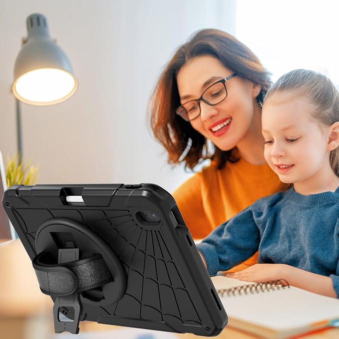 for iPad (A16) 11th/10th Generation Case 2025/2022 (11″/10.9″) Sturdy Heavy Duty Full-Body Shockproof Protective Case Rotating Stand Hand/Shoulder Strap (Black)