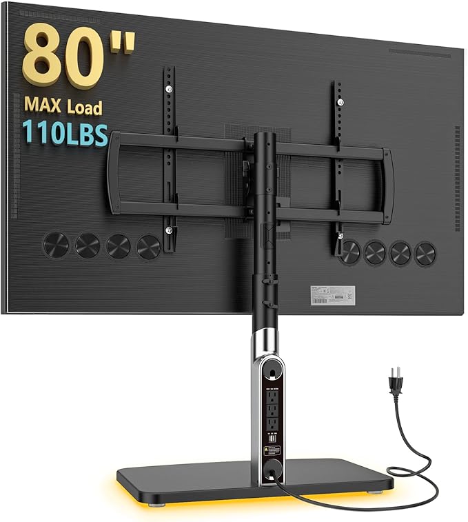 LLDEPLL Universal TV Stand Tabletop TV Mount with Power Outlet for 50-90 Inch OLED LED Monitors, 9 Levels Height Adjustment, Ambient Lighting on The Bottom Holds up to 150lbs, Black 600x400mm