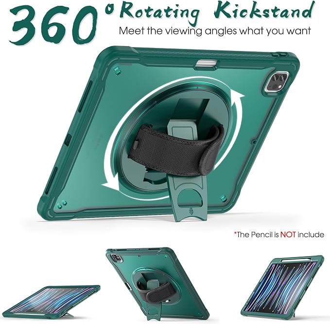 BRAECNstock Full-Body Case for iPad Air 13/Pro 12.9(3-6th)Khaki | Drop-Proof Case with Pencil Holder &amp Screen Protector | 360° Stand for Hands-Free Travel Strap | DIY-Friendly Frosted Back