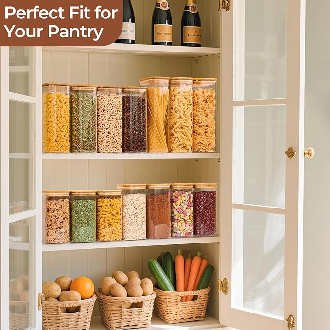ComSaf 1.4 Qt Glass Storage Containers with Lids, Glass Jars with Lids, Clear Food Storage Jar, Square Canister Set of 3, Pantry Organizers and Storage for Flour Oat Pasta Tea Cookie Coffee Bean