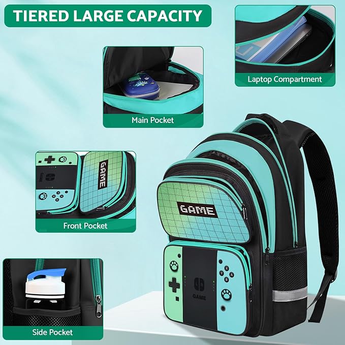 Kids Backpack For Boys，Gamer Boys Backpack For Children Teens Elementary Middle School, 17″ Students Bookbag