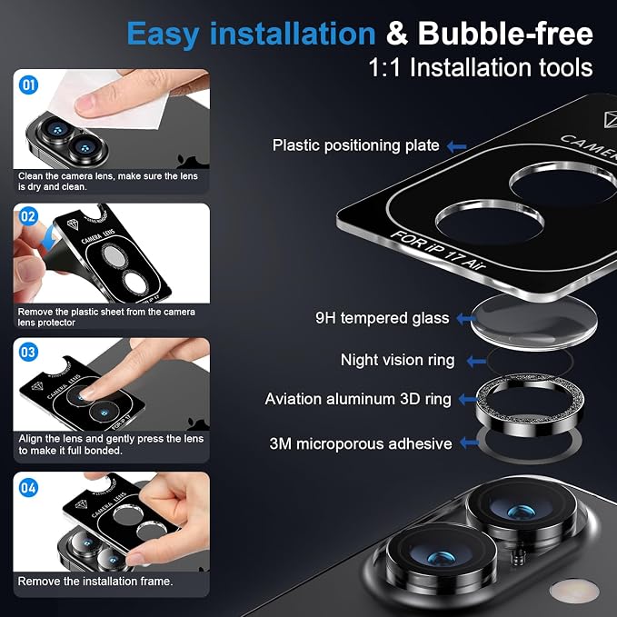 Korecase for iPhone 17/iPhone 16/iPhone 16 Plus Camera Lens Protector Bling 9H Tempered Glass Anti Scratch Camera Screen Protector Shockproof Film Metal Ring Lens Protector Glitter-Black