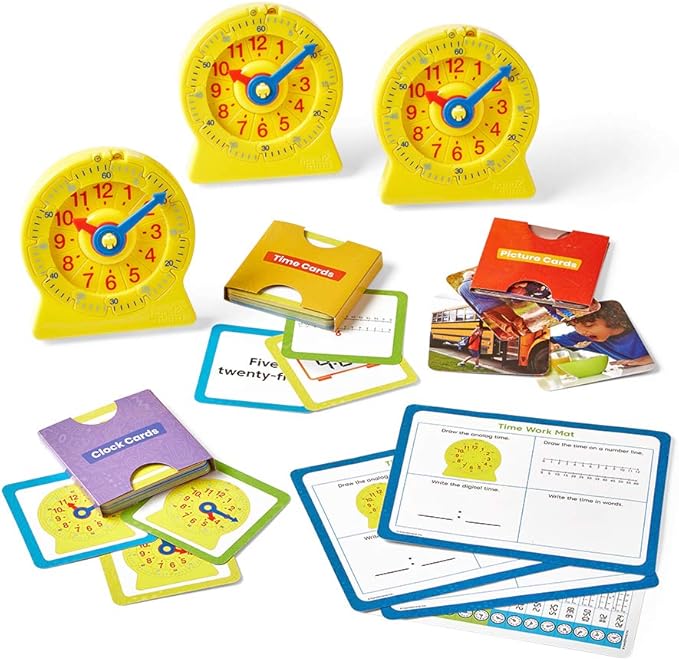 Hand2Mind Telling Time Basics Center Kit - Learn to Tell Time Activity Set with Analog Classroom Clock for Kids, Yellow