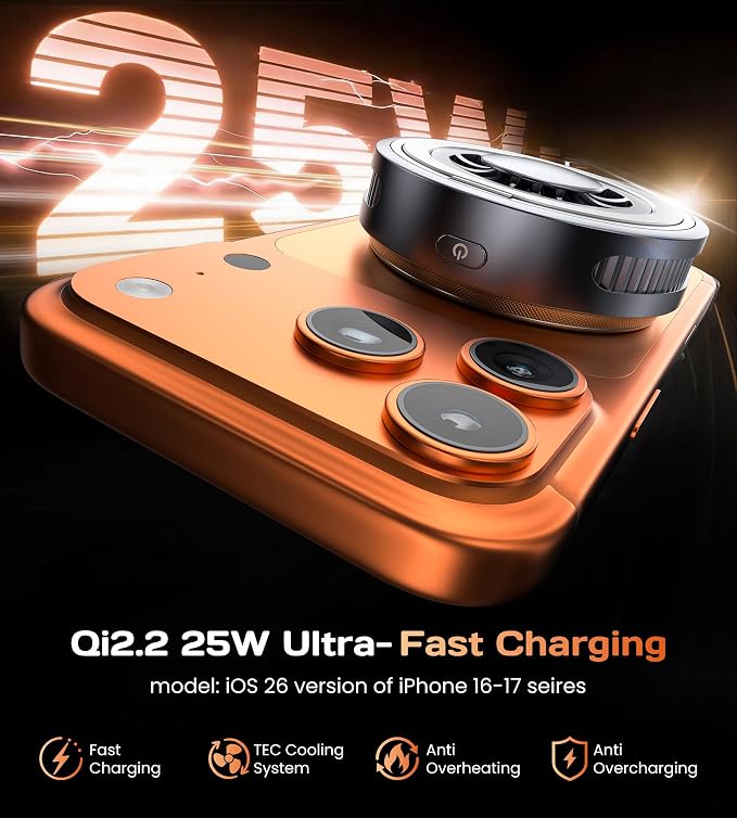 Qi2.2 25W for MagSafe Charger Ultra Fast Charging Cooling Pad Magnetic Wireless Charger for iPhone 12-17 Series &amp Android (5ft C to C Cable &amp 45W Adapter Included)