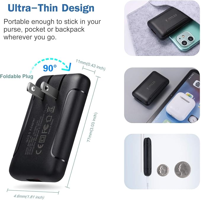Eversame Ultra Slim Flat Portable USB Wall Charger Plug 2 Pack Black