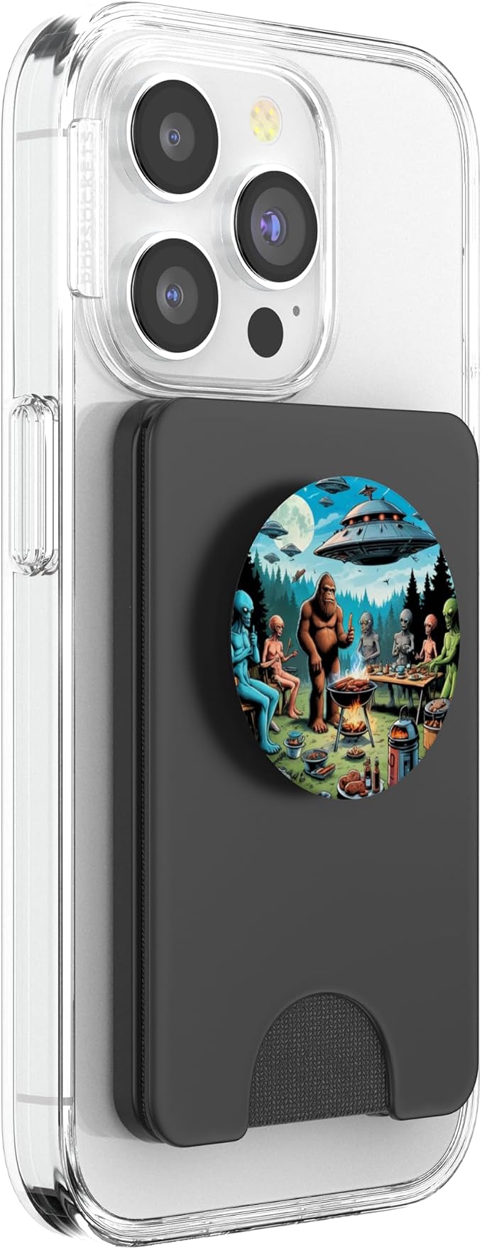 Alien and Bigfoot BBQ UFO Illustration Print PopSockets PopWallet for MagSafe
