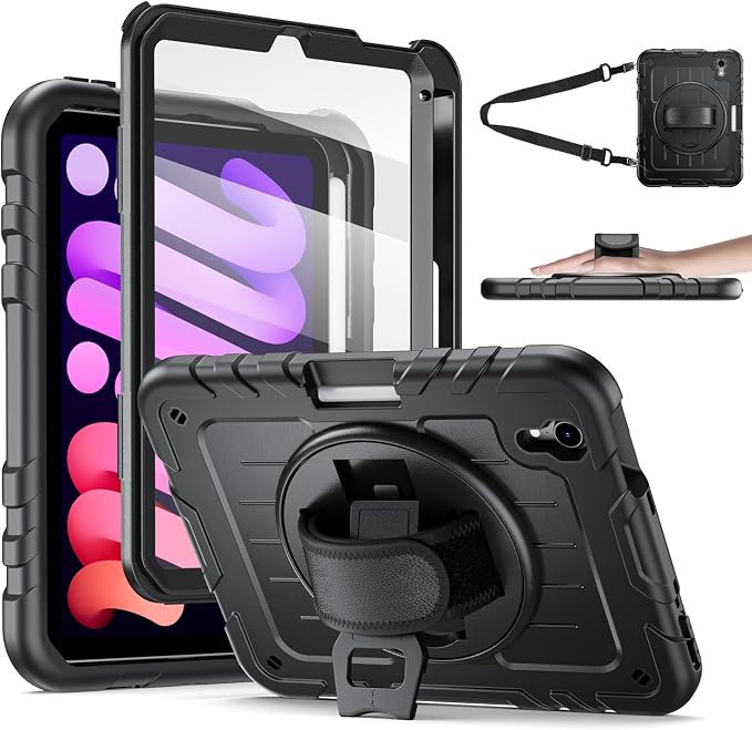 for iPad mini 7 A17 Pro/iPad mini 6 8.3 Inch Case iPad mini 7th/6th Generation Case (2024/2021) with Pencil Holder/Kickstand Hand Strap/Shoulder Strap Black