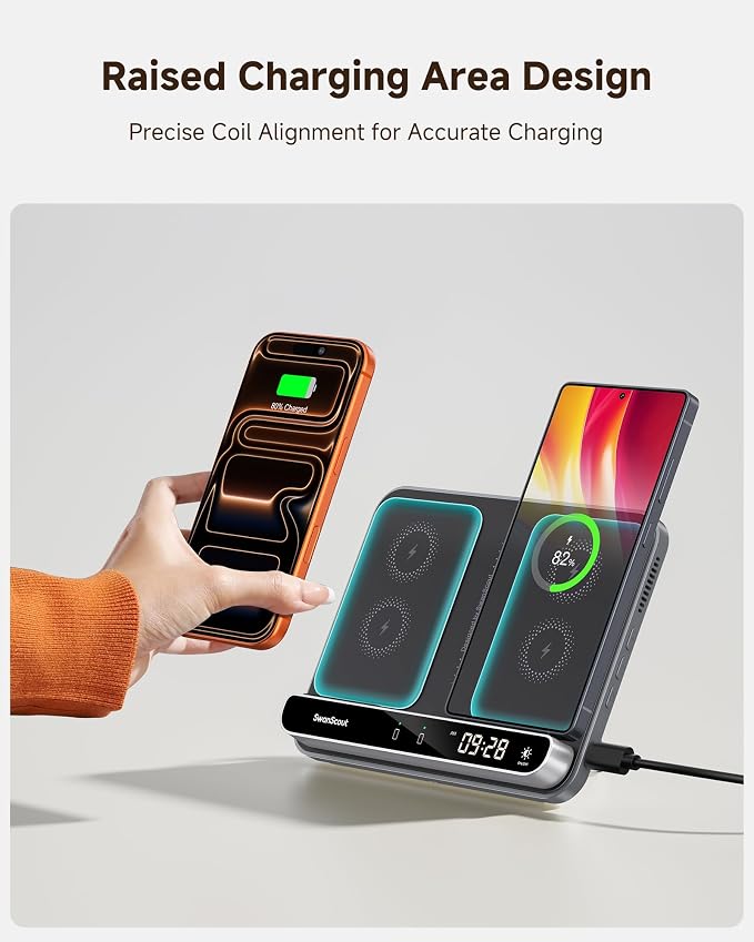 Dual Phone Foldable Wireless Charging Station for iPhone Galaxy Pixel | Dual phone charging Foldable portable stand Dimmable clock Case friendly Raised charging area flat mode for earbuds 504