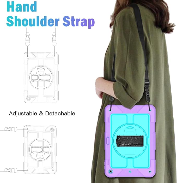 BMOUO for iPad 9th/8th/7th Generation Case 10.2 Black | Shockproof Rotating Stand Shoulder Hand Strap iPad 9th/8th/7th Generation Case with Pen Holder for iPad 10.2“ 2021/2020/2019