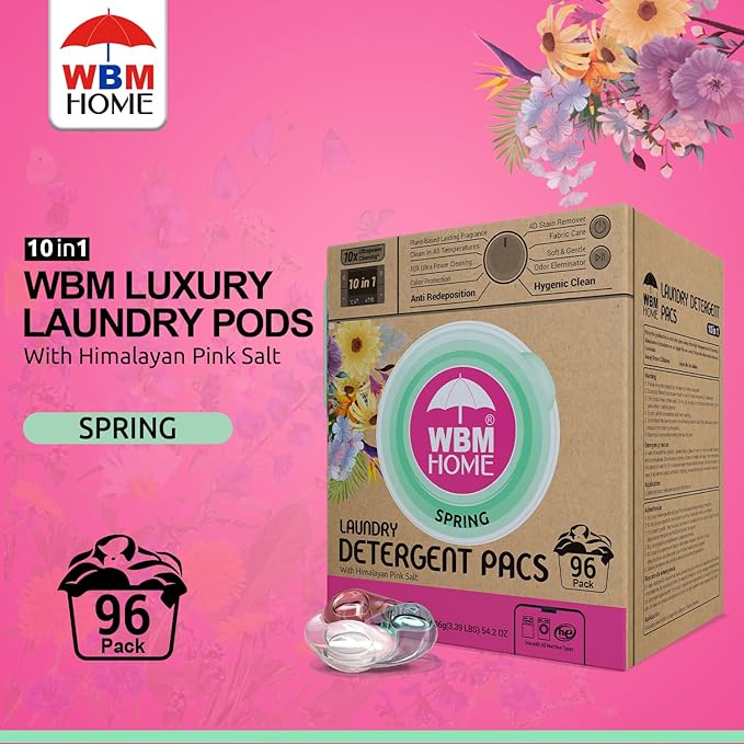 WBM Home Laundry Detergent Pods, Spring Fragrance Scent, 96 Count - HE Concentrated Laundry Pods With 10x Ultrapower Cleaning and 4D Laundry Stain Remover
