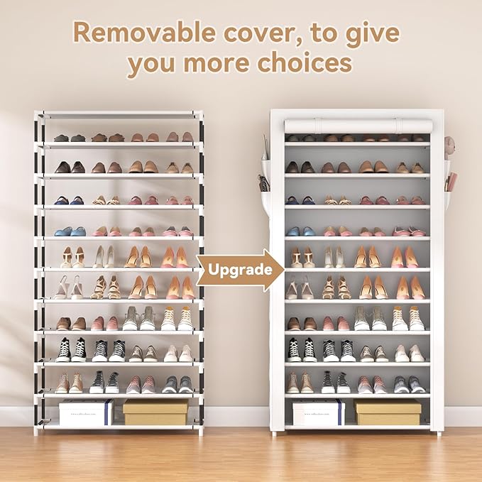 ROJASOP Shoe Rack with Covers 10 Tier Large Shoe Organizer Tall Shoe Closet Storage for 50-55 Pairs Shoe and Boot, Free Standing Shoe Rack Organizer for Closet, Entryway, Bedroom, White