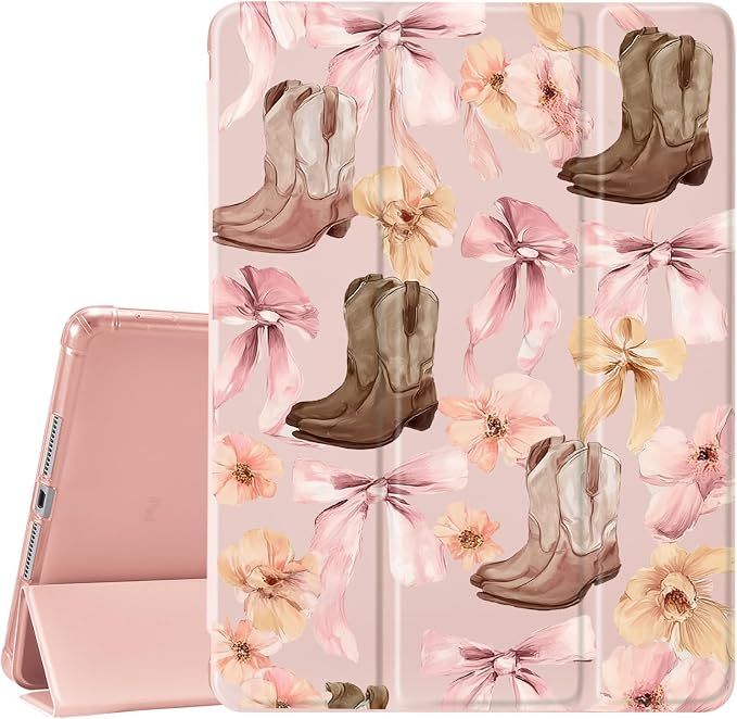 JOYLAND Pink Bow Compatible with iPad 6th/5th Generation (2018 2017 Model 9.7 Inch)iPad Air 2/Air 1 (9.7 Inch) with Pencil Holder-Trifold Stand Protective Cover with Soft TPU BackBlack