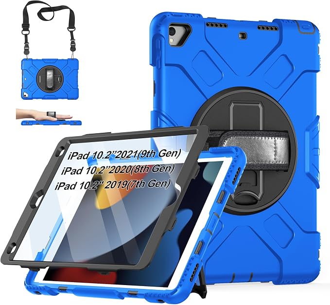 Case for iPad 9th/8th/7th Generation 10.2 Inch Black | Shockproof Protective Silicone Cover with Rotatable Stand-Screen Protector-Handle- Shoulder strap- Pencil holder