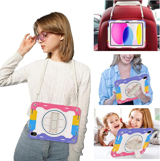 for iPad 9th 8th 7th Gen Case 10.2 inch with Screen Protector | 360° Rotating Kickstand Hand Strap Shoulder Strap Heavy Duty Military Grade - Kids Friendly