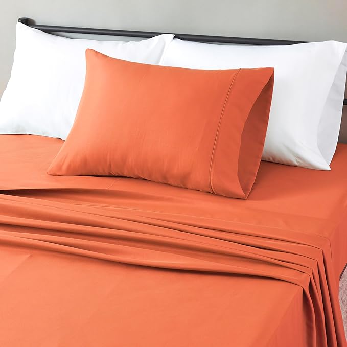 Amazon Basics Lightweight Super Soft Easy Care Wrinkle Free Microfiber 3 Piece Bed Sheet Set with 14-Inch Deep Pockets, Twin, Brick, Solid, Kids, Men & Women Bedding