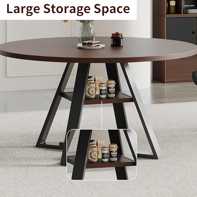 45.3" Walnut Round Dining Table Set with 2 Chairs – Mid-Century Modern Small-Space Kitchen & Dining Room Furniture for Apartment or Breakfast Nook (Walnut – Storage Table + 2 Brown Chairs)