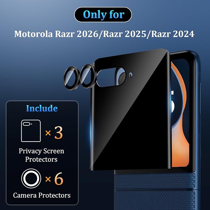 3+3 Pack for Motorola Razr+ 2024/2025 Front Privacy Screen Protector + Camera Protector3D Curved Full Cover Tempered Glass[Anti-Spy] Bubble Free Screen Protector for Razr 60 Pro/ 50 Ultra