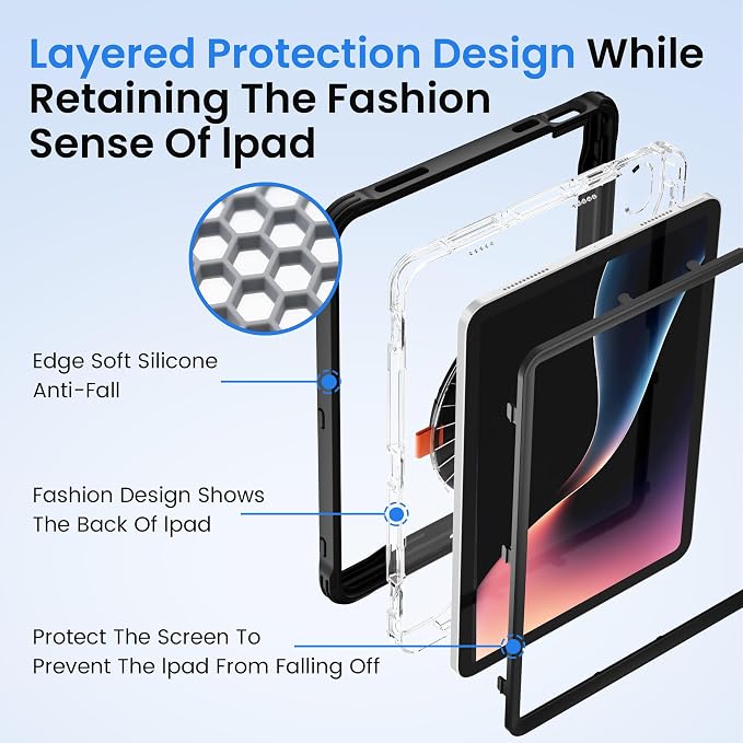 Pepkoo Triple Shock-Absorbing Protective Case for iPad (A16) 11th/10th Gen | Comfortable Heavy-Duty Kids Protective Case With Tactile Sensation With Handle Shoulder Strap (Black)