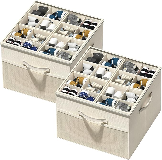 Aokeyee Shoe Organizer for Closet,2 Pack Foldable Shoe Storage Organizer Box Bin with Adjustable Dividers and Clear Cover, Fits up to 16-32 Pairs