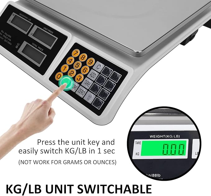 YIFOR Price Computing Scale 88lb/40kg LCD Digital Commercial Price Scale with Stainless Steel Platform,Produce Scale & Food Scale for Farmers Market, Retail Outlets, Meat Shop (Flat Plate)