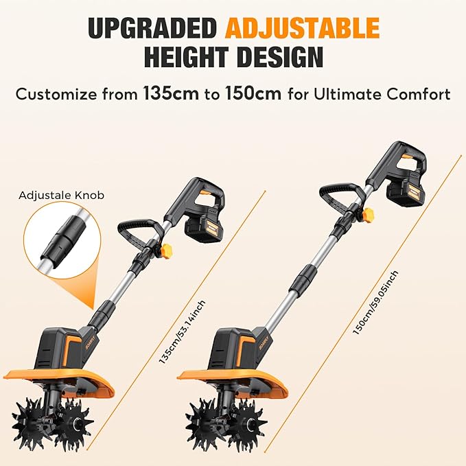 Upgraded Cordless Tiller for Gardening with Dual 2.0Ah Batteries, 48 Steel Tines Battery Rototiller, 9" Width 6.6" Depth Garden Tiller Cultivator for Soil, Tending & Composting (Orange)
